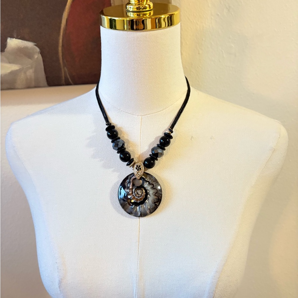 Black, Silver, and Gold Shell Pendant Beaded Necklace